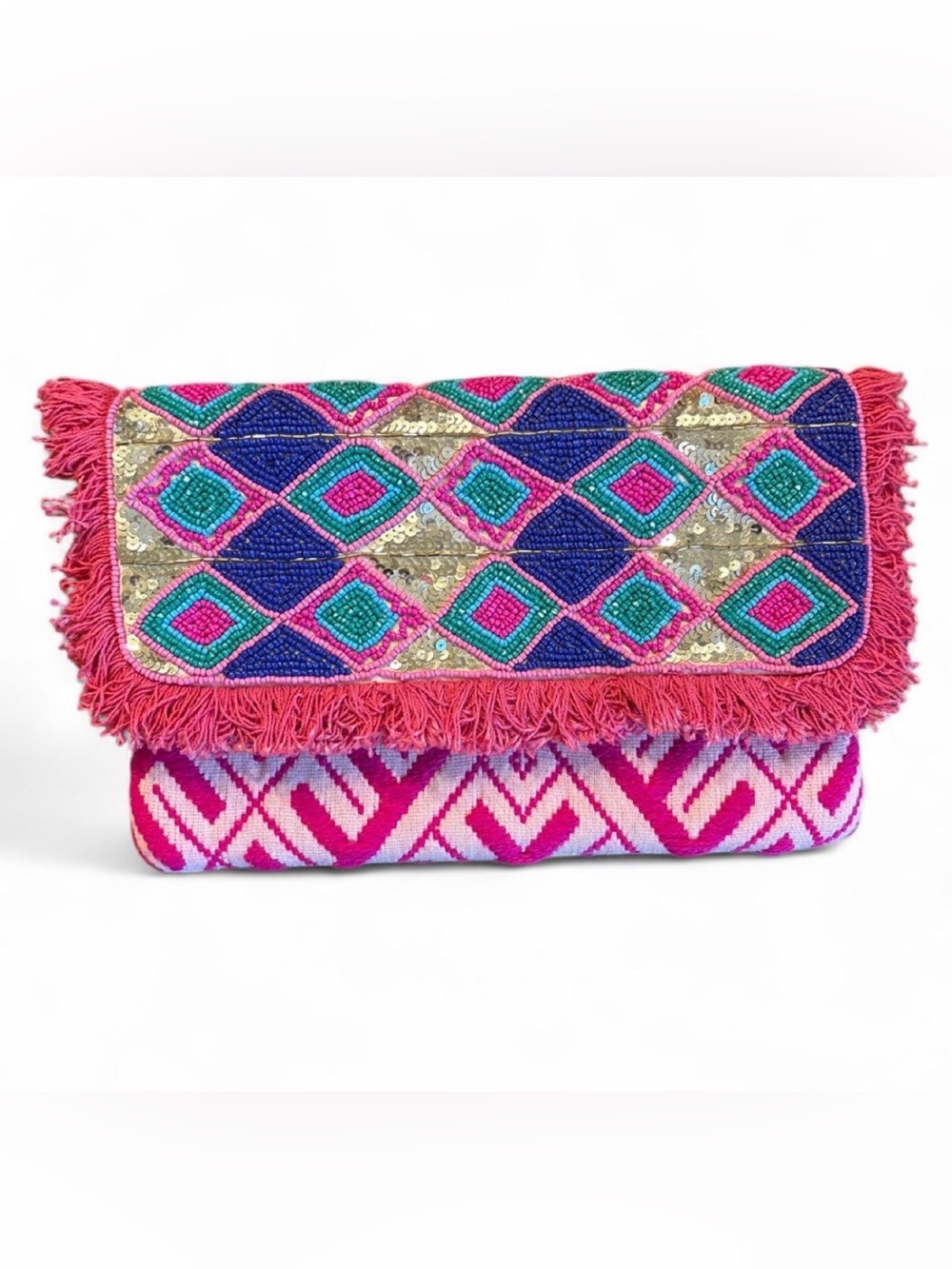 Glass Beaded Fringe Geometric Flap Shoulder Bag Gold Chain Strap Made In India